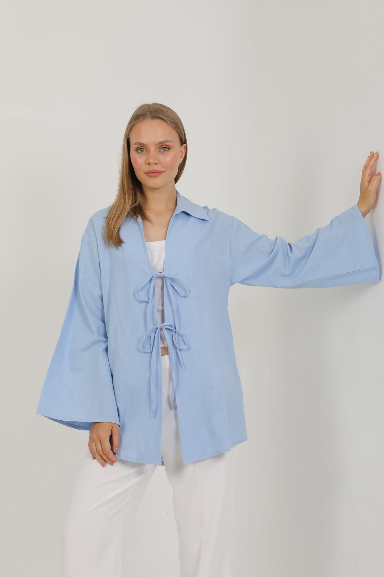 %100 Pamuk Keten Cepli Bağcıklı Kadın Kimono 1165 – Gömlek Yaka, Nefes Alan Kumaş