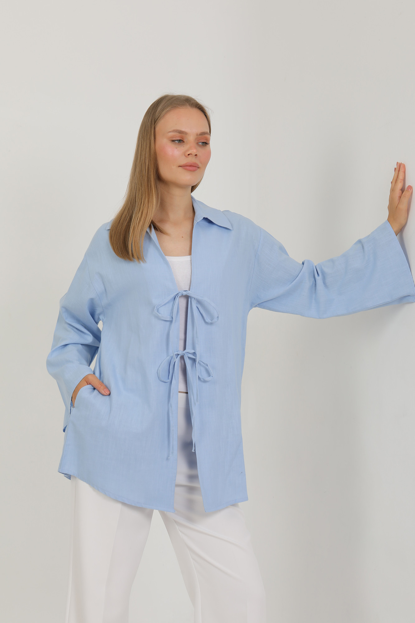 %100 Pamuk Keten Cepli Bağcıklı Kadın Kimono 1165 – Gömlek Yaka, Nefes Alan Kumaş