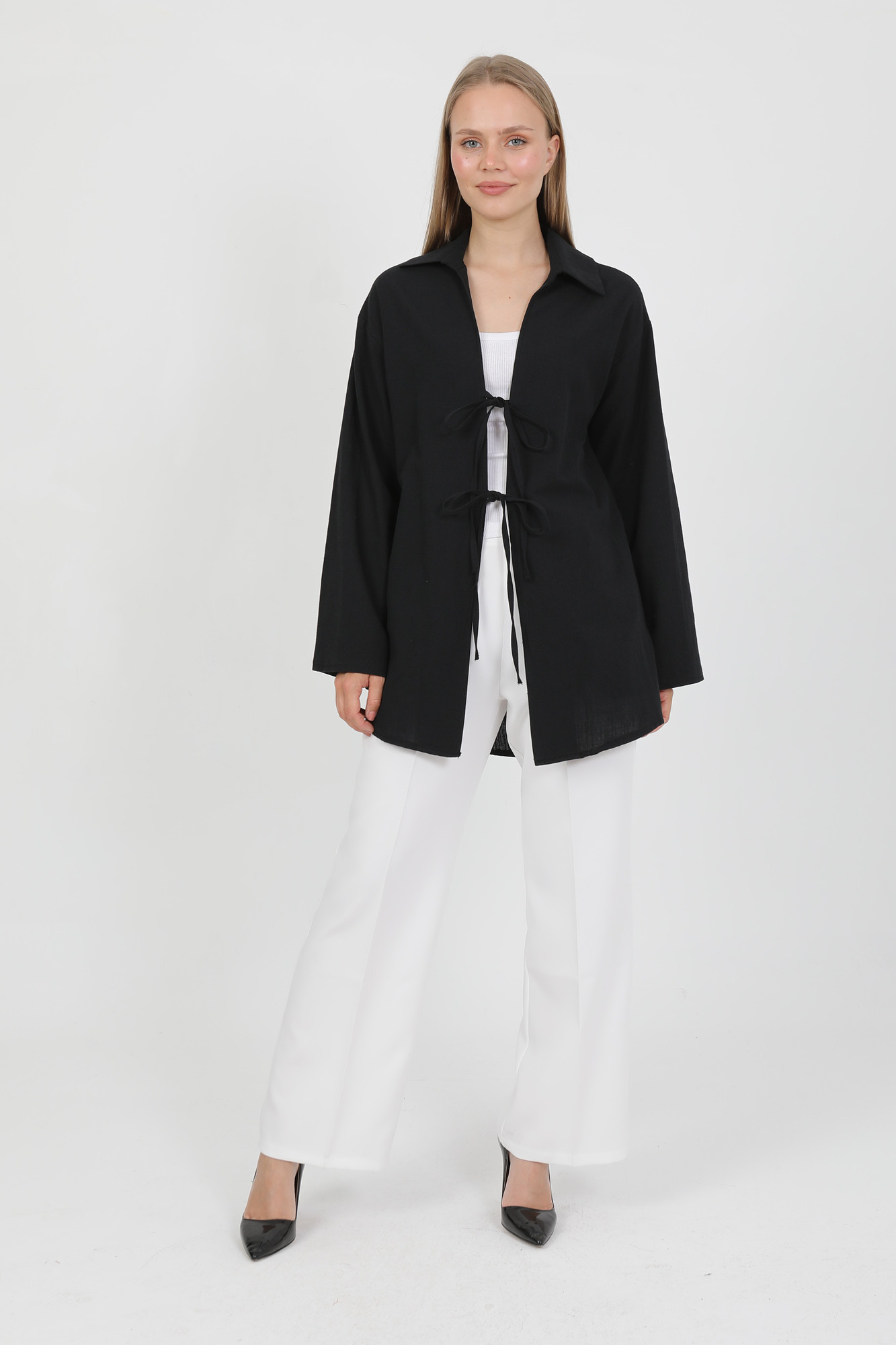 %100 Pamuk Keten Cepli Bağcıklı Kadın Kimono 1165 – Gömlek Yaka, Nefes Alan Kumaş