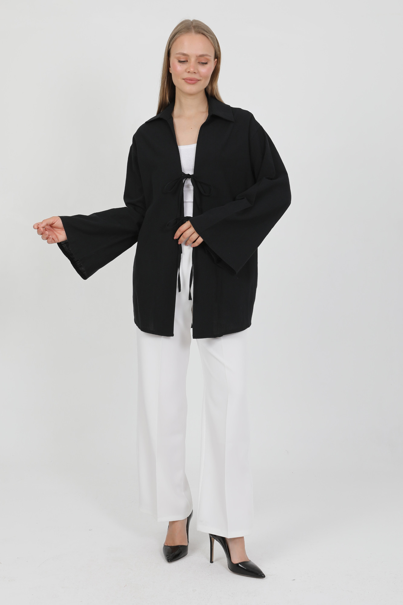 %100 Pamuk Keten Cepli Bağcıklı Kadın Kimono 1165 – Gömlek Yaka, Nefes Alan Kumaş