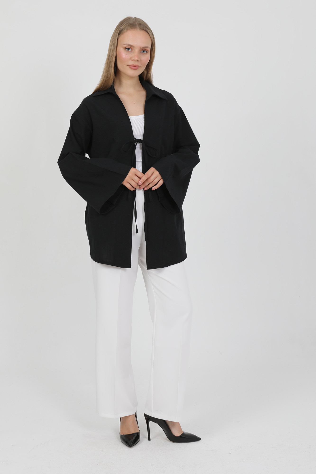 %100 Pamuk Keten Cepli Bağcıklı Kadın Kimono 1165 – Gömlek Yaka, Nefes Alan Kumaş