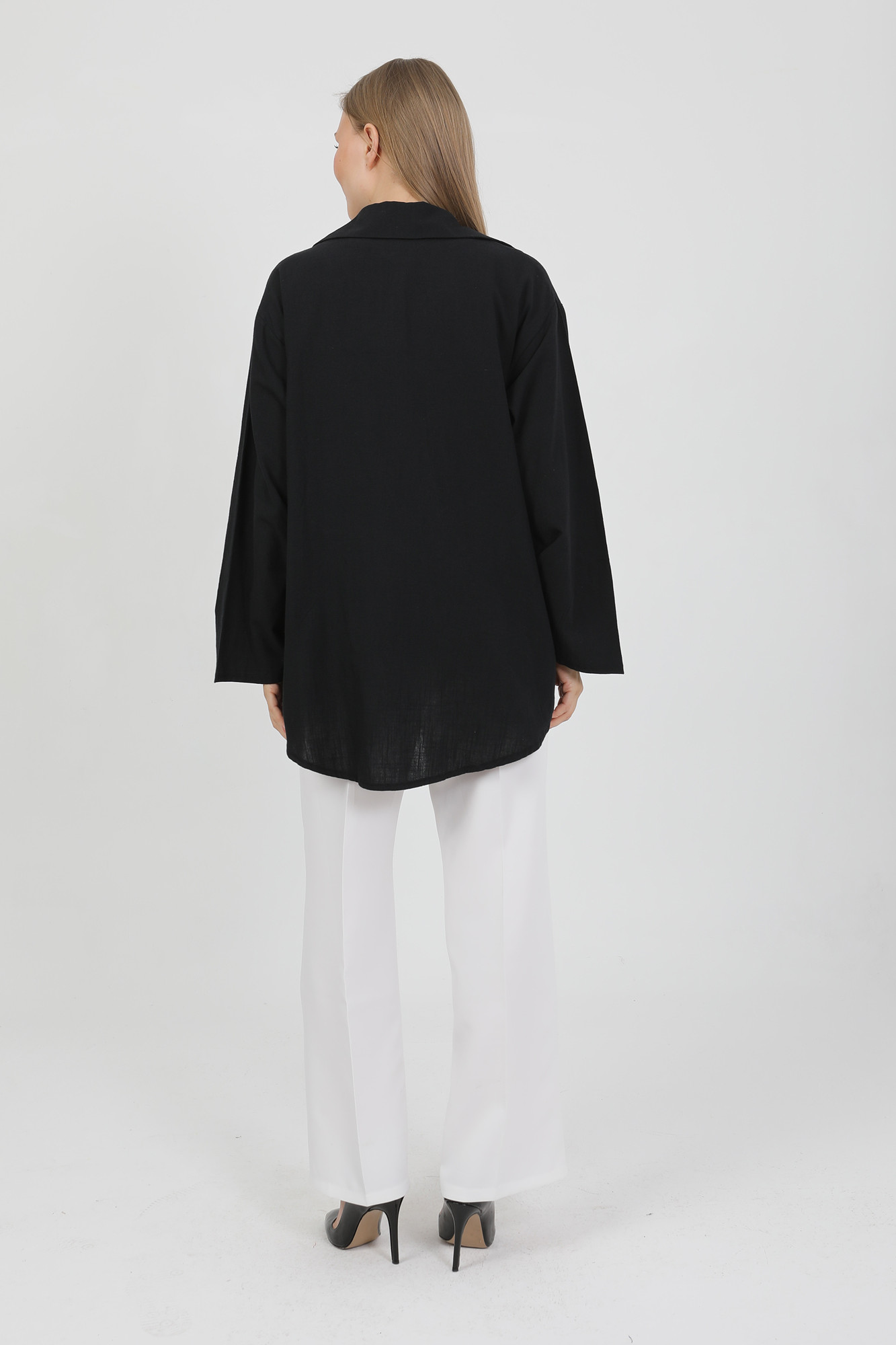 %100 Pamuk Keten Cepli Bağcıklı Kadın Kimono 1165 – Gömlek Yaka, Nefes Alan Kumaş