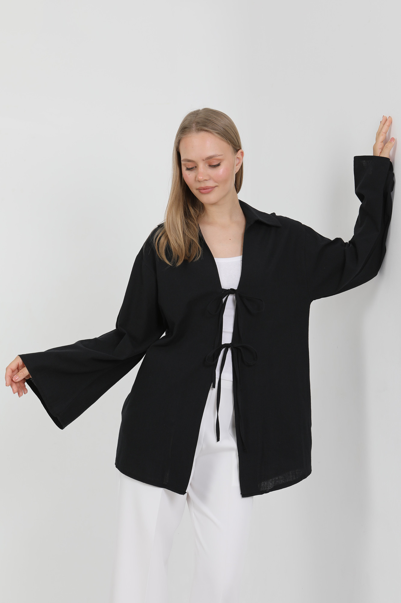 %100 Pamuk Keten Cepli Bağcıklı Kadın Kimono 1165 – Gömlek Yaka, Nefes Alan Kumaş