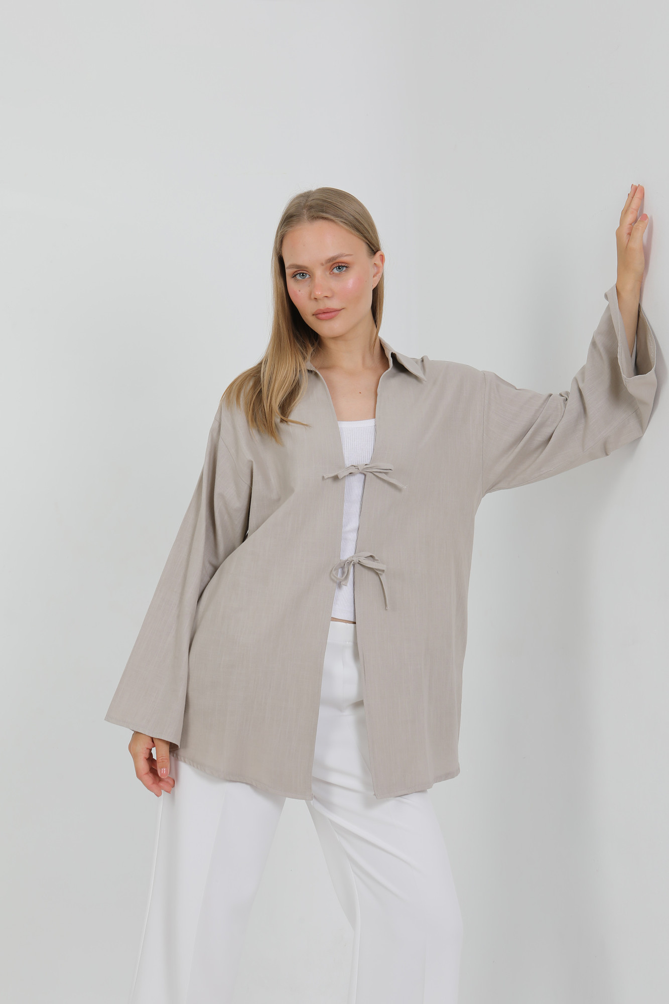 %100 Pamuk Keten Cepli Bağcıklı Kadın Kimono 1165 – Gömlek Yaka, Nefes Alan Kumaş