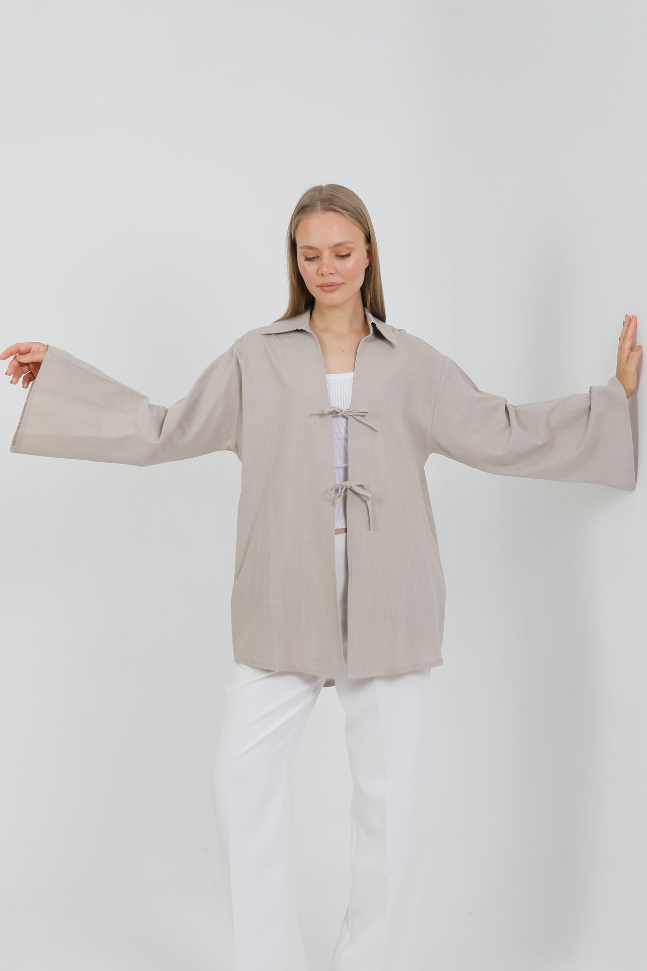 %100 Pamuk Keten Cepli Bağcıklı Kadın Kimono 1165 – Gömlek Yaka, Nefes Alan Kumaş