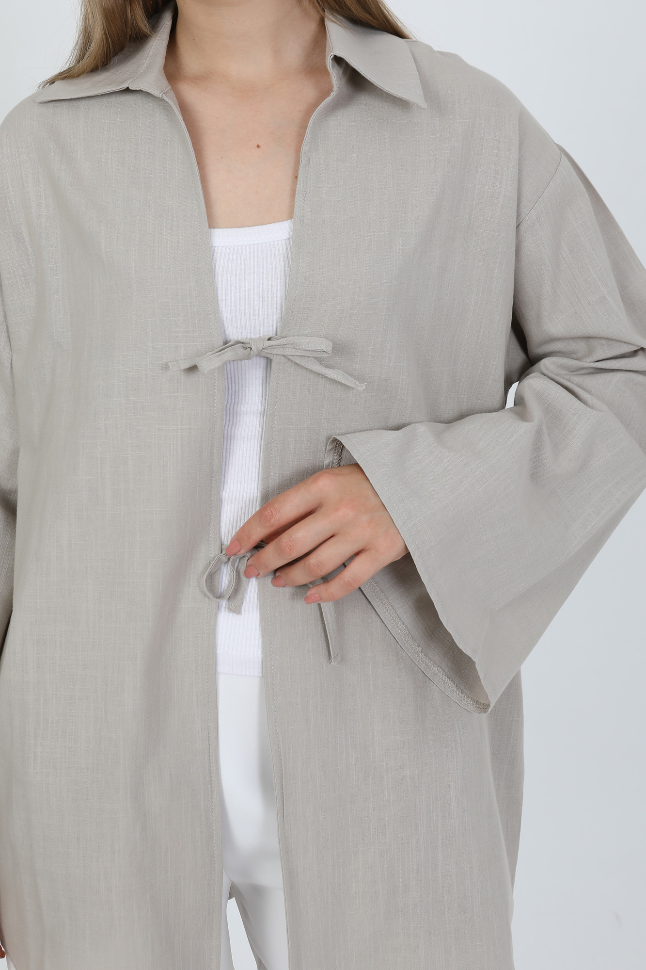 %100 Pamuk Keten Cepli Bağcıklı Kadın Kimono 1165 – Gömlek Yaka, Nefes Alan Kumaş