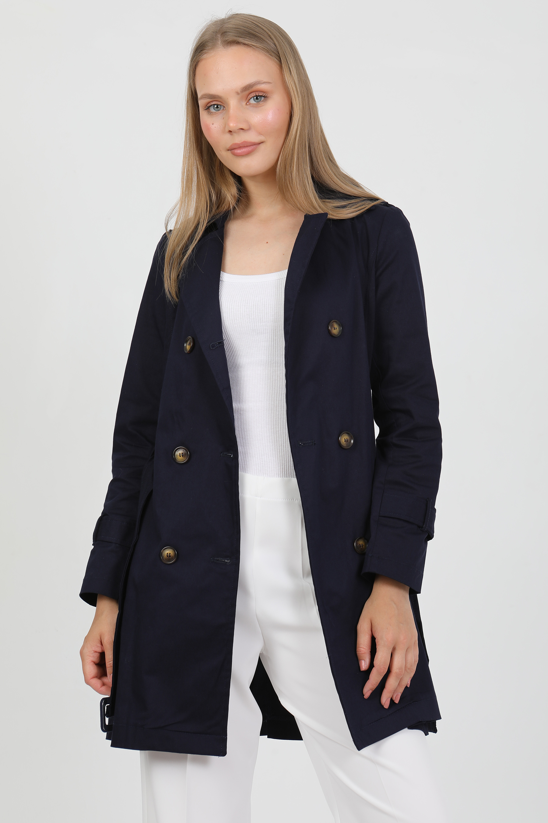 Pastelastore Esnek Pamuk Gabardin Kısa (80cm) Omuz Apoletli Kemerli Kadın Trençkot 1120