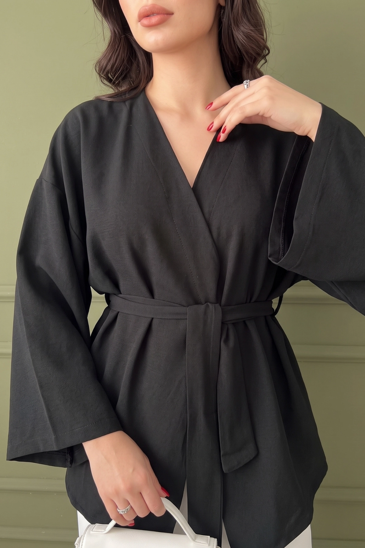 Koyu Siyah Kadın Kuşaklı Kimono 1177