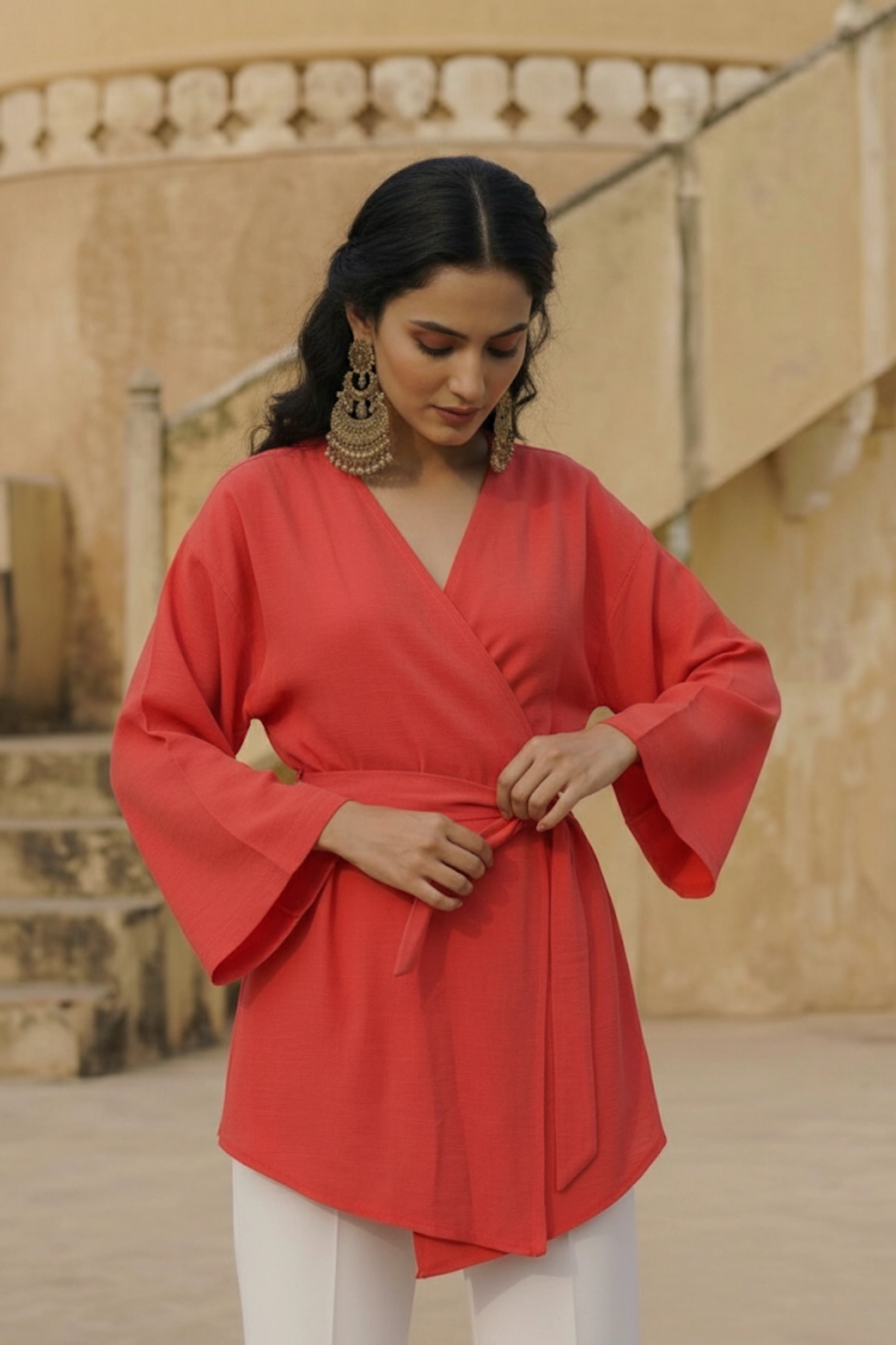 Doğal Viskon Kumaş Cepli Kemerli Kadın Kimono 1168 – Yakasız, Hafif, Dökümlü, Yazlık Model