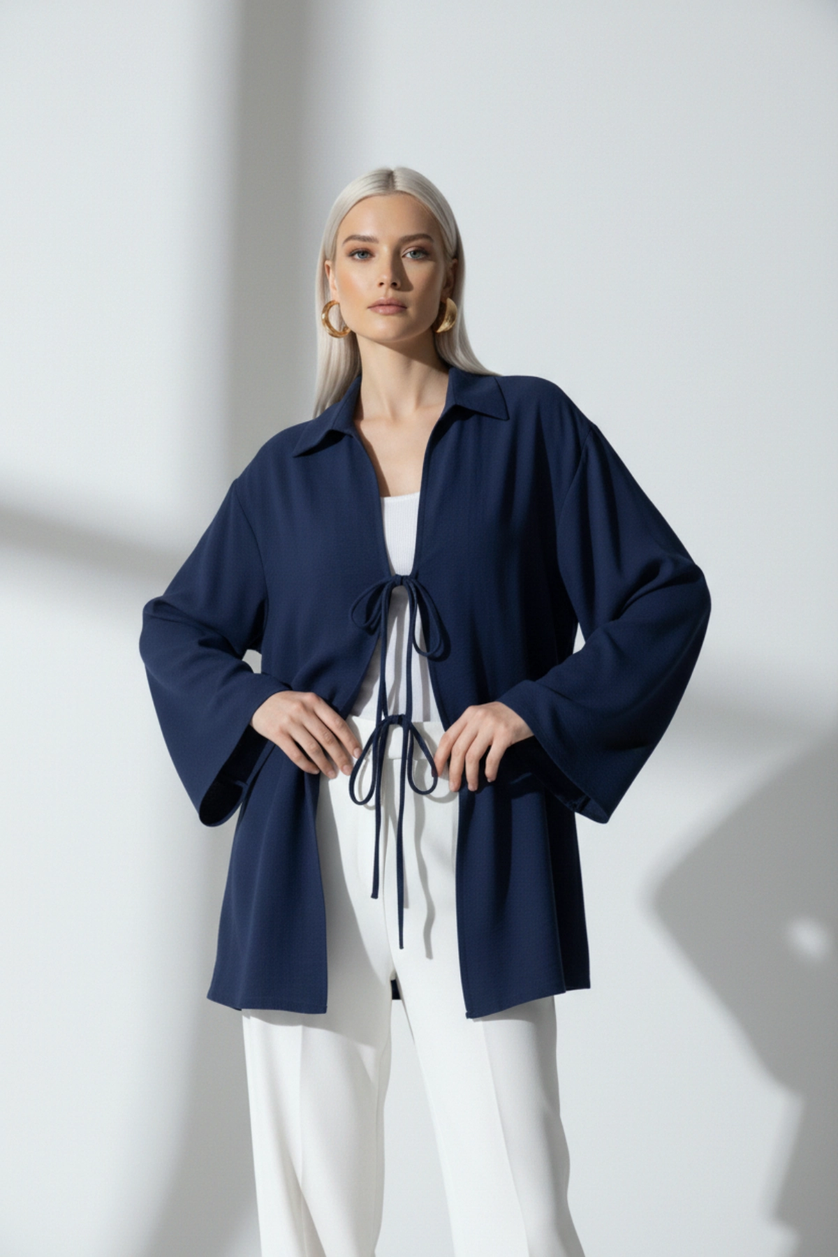 %100 Pamuk Keten Cepli Bağcıklı Kadın Kimono 1165 – Gömlek Yaka, Nefes Alan Kumaş