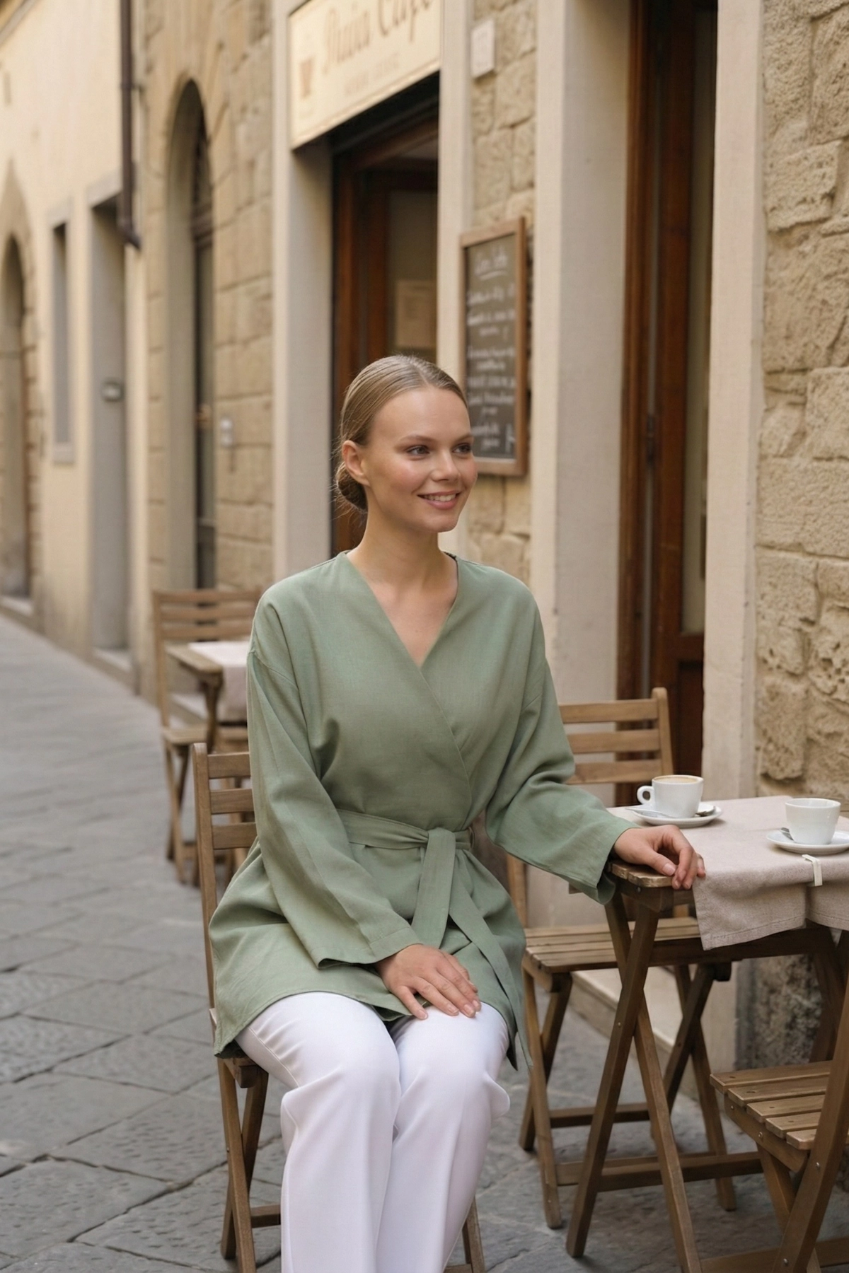 %100 Pamuk Keten Cepli Kemerli Yazlık Kadın Kimono 1166 - Nefes Alan Doğal Kumaş