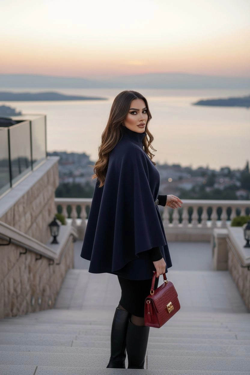 Silver Detaylı Kaşe Pelerin Panço 6100