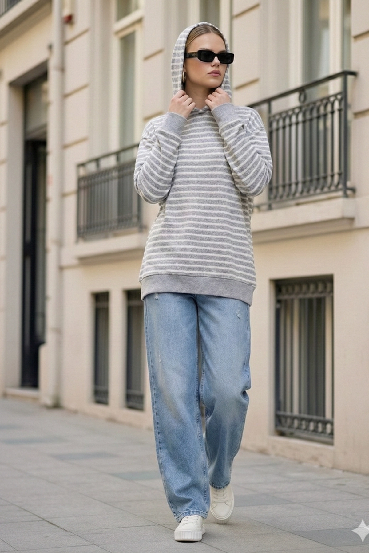 Pastelastore Çizgili Triko Oversize Sweatshirt