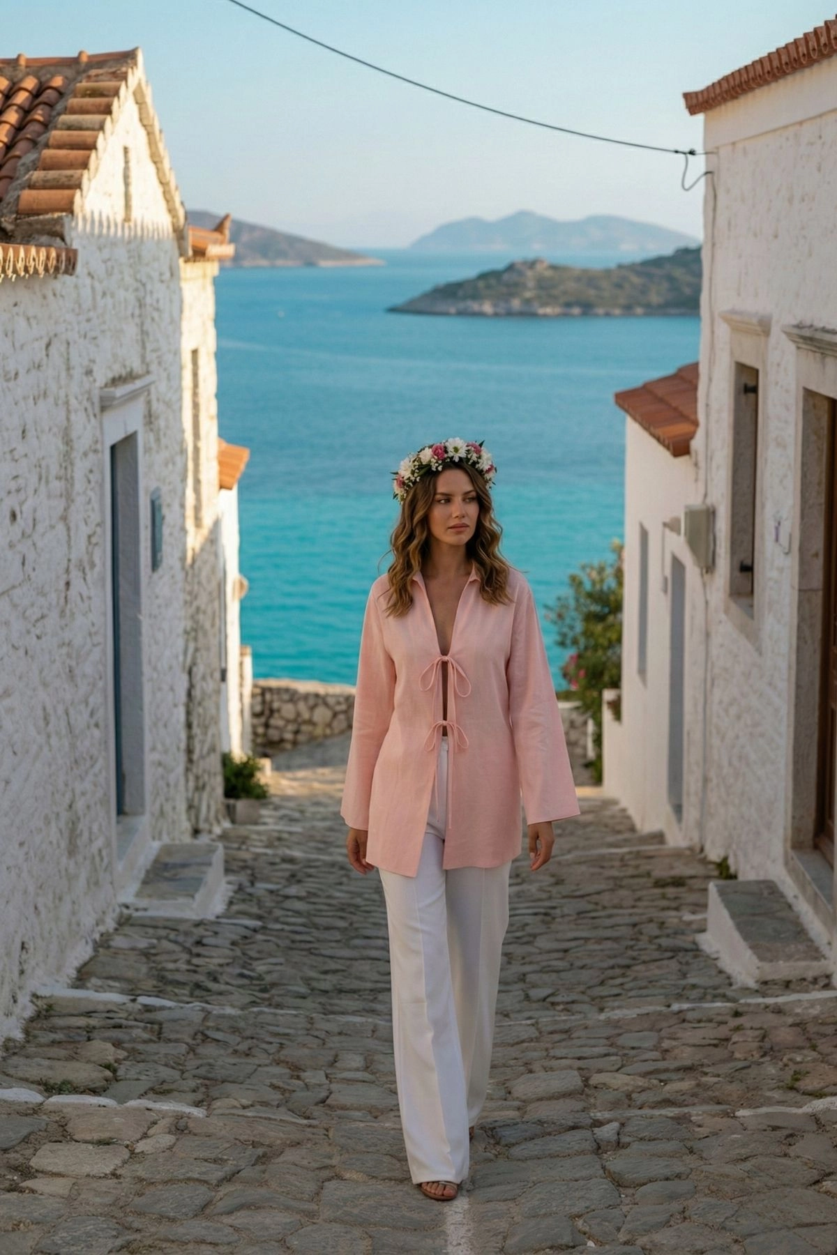 %100 Pamuk Keten Cepli Bağcıklı Kadın Kimono 1165 – Gömlek Yaka, Nefes Alan Kumaş