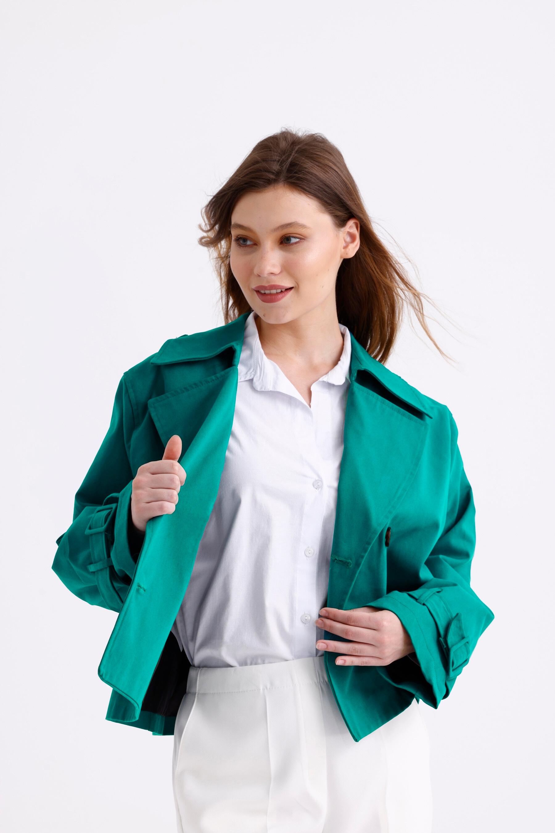 %100 Pamuk Gabardin Astarlı Oversize Geniş Kalıp Kadın Crop Kısa Trençkot 1122