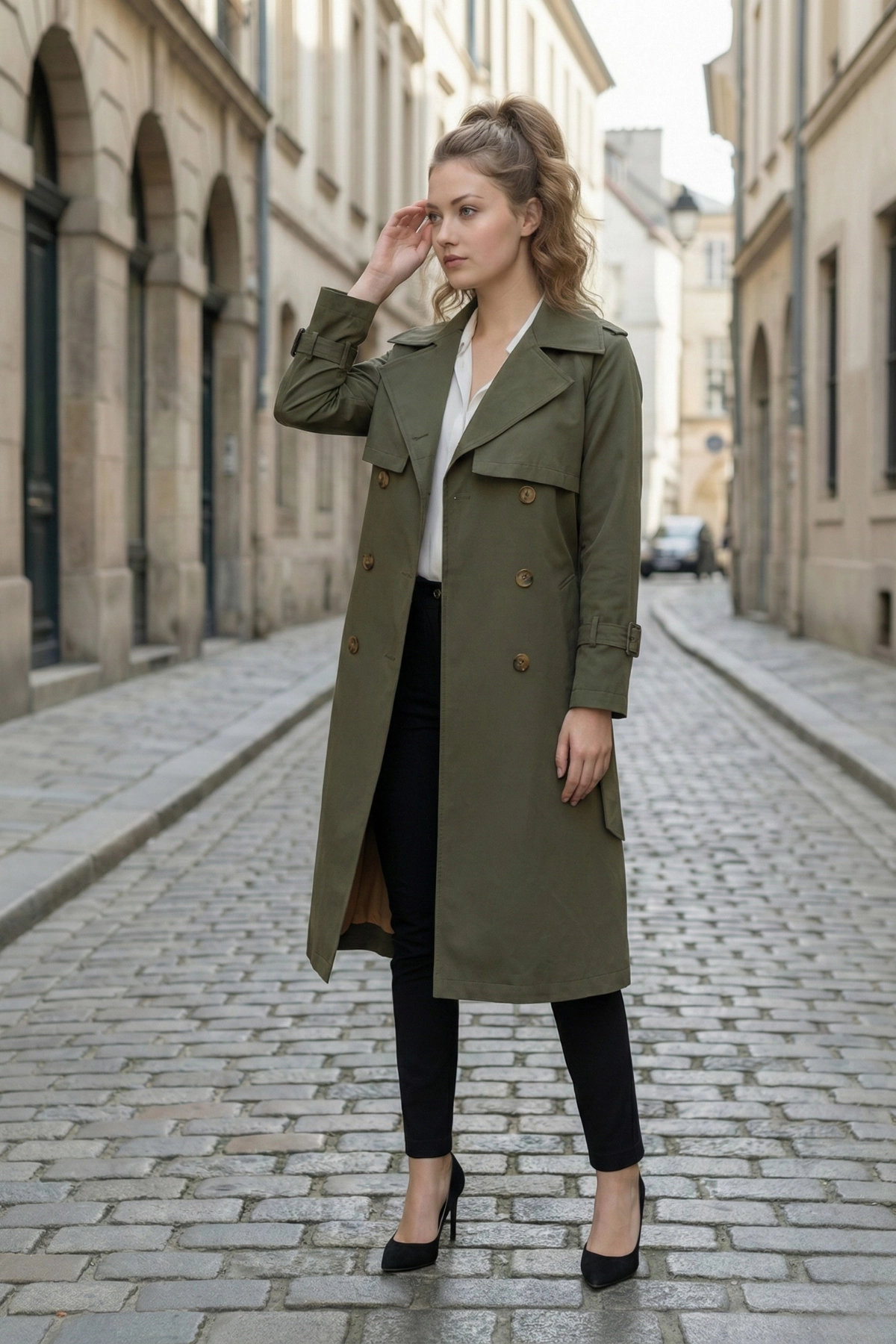  Pastelastore %100 Pamuk Gabardin Uzun (110cm) Astarlı Kemerli Kadın Trençkot 1111