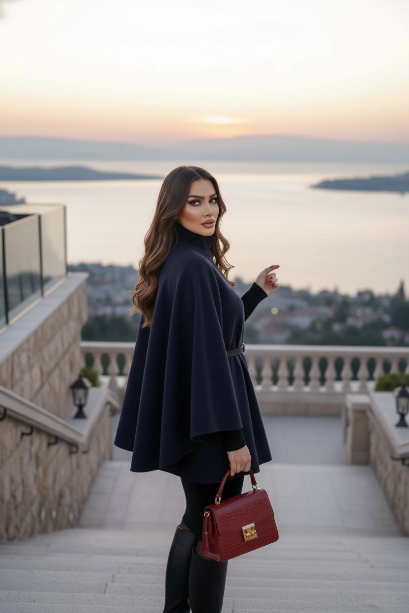 Silver Detaylı Kaşe Pelerin Panço 6100
