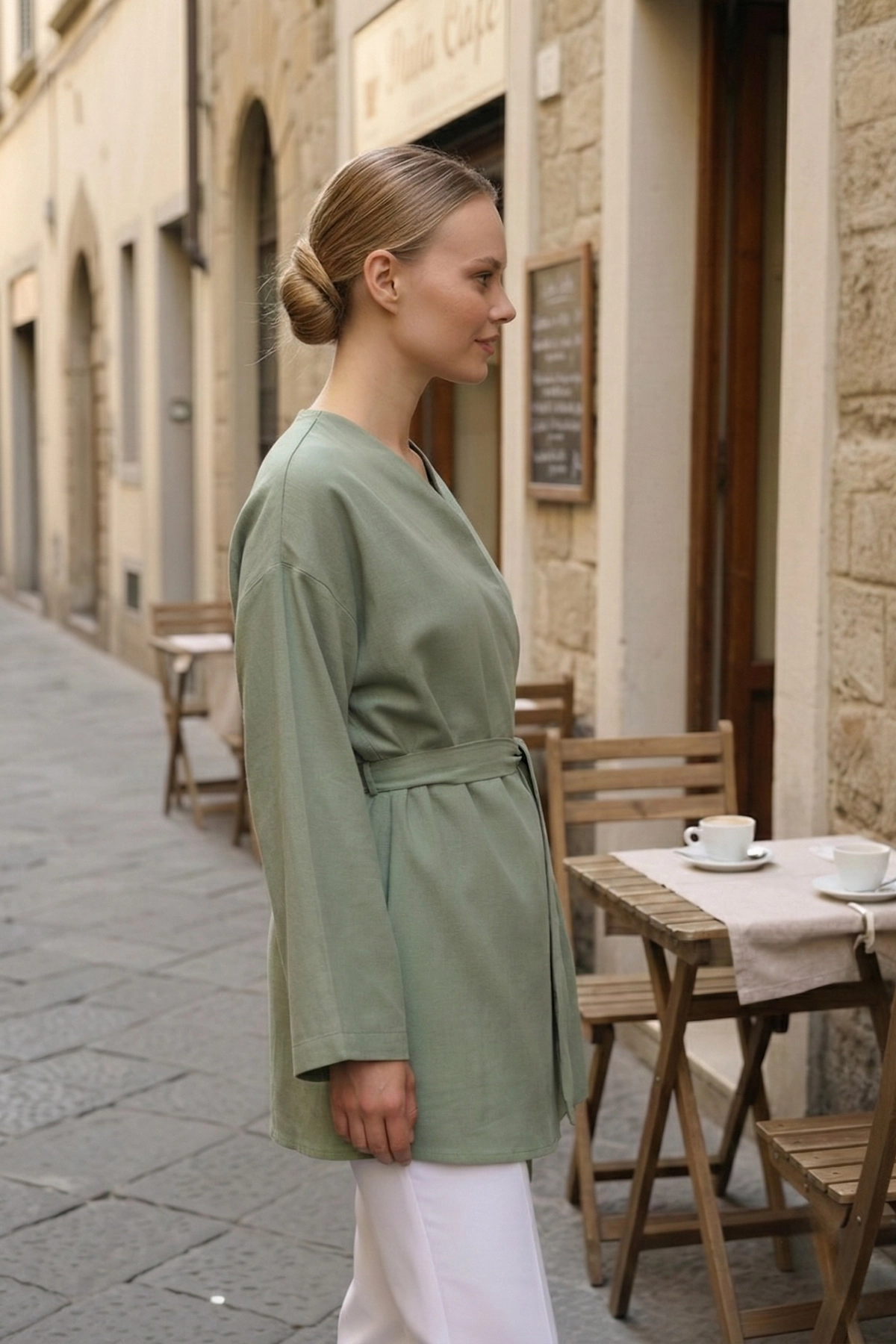 %100 Pamuk Keten Cepli Kemerli Yazlık Kadın Kimono 1166 - Nefes Alan Doğal Kumaş