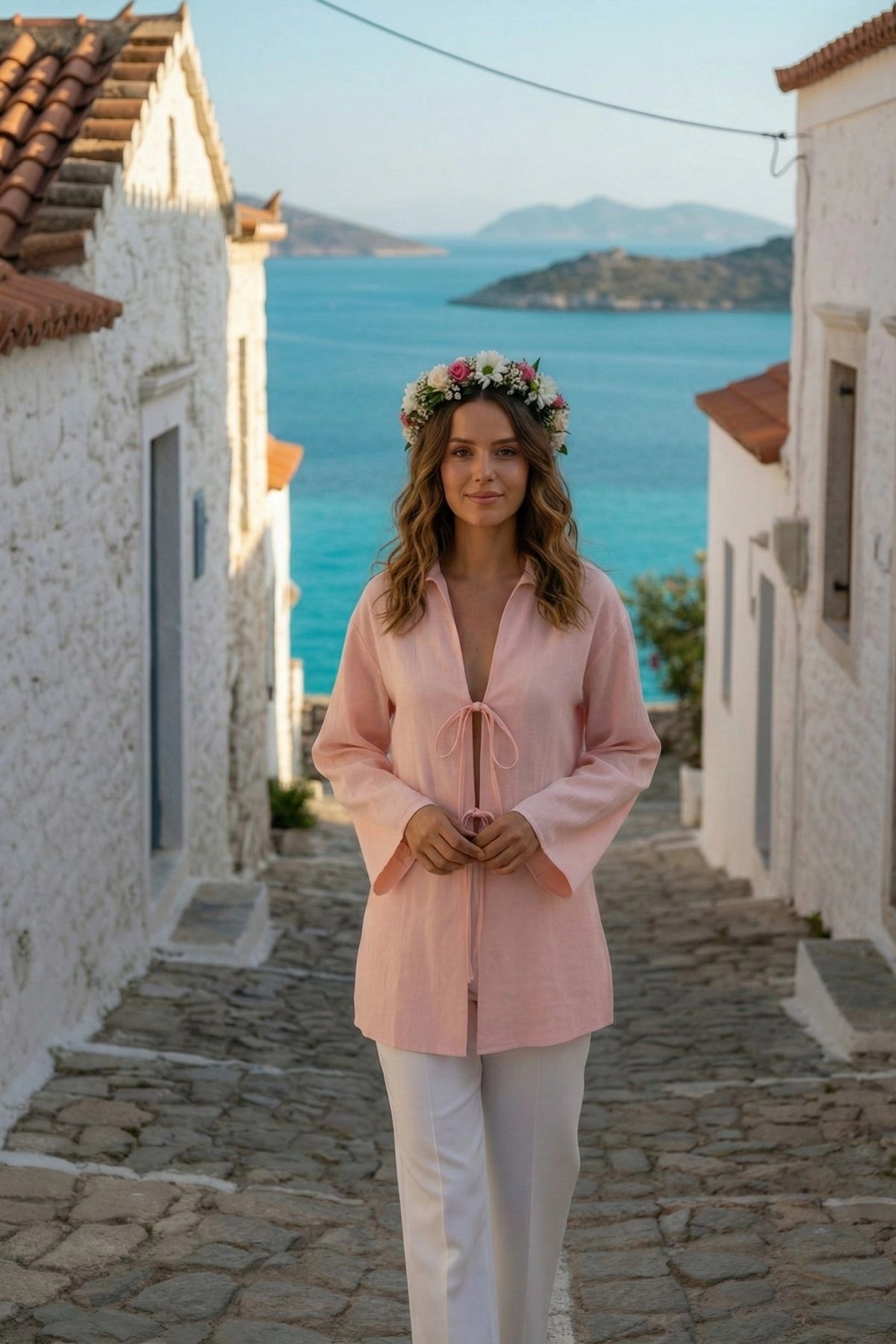 %100 Pamuk Keten Cepli Bağcıklı Kadın Kimono 1165 – Gömlek Yaka, Nefes Alan Kumaş