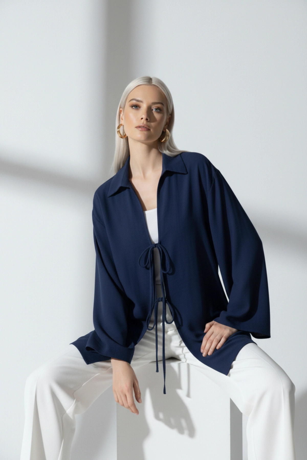 %100 Pamuk Keten Cepli Bağcıklı Kadın Kimono 1165 – Gömlek Yaka, Nefes Alan Kumaş