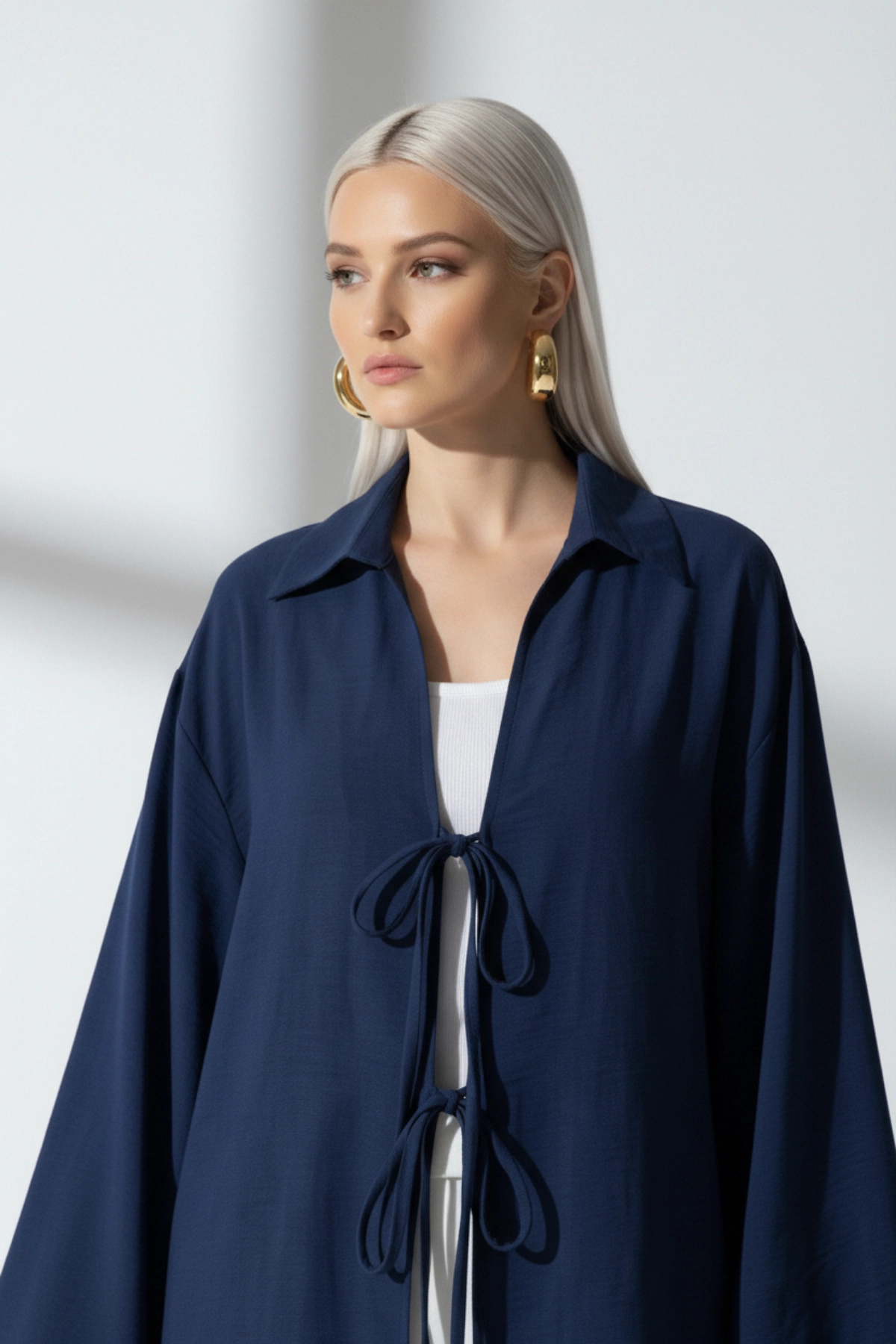 %100 Pamuk Keten Cepli Bağcıklı Kadın Kimono 1165 – Gömlek Yaka, Nefes Alan Kumaş