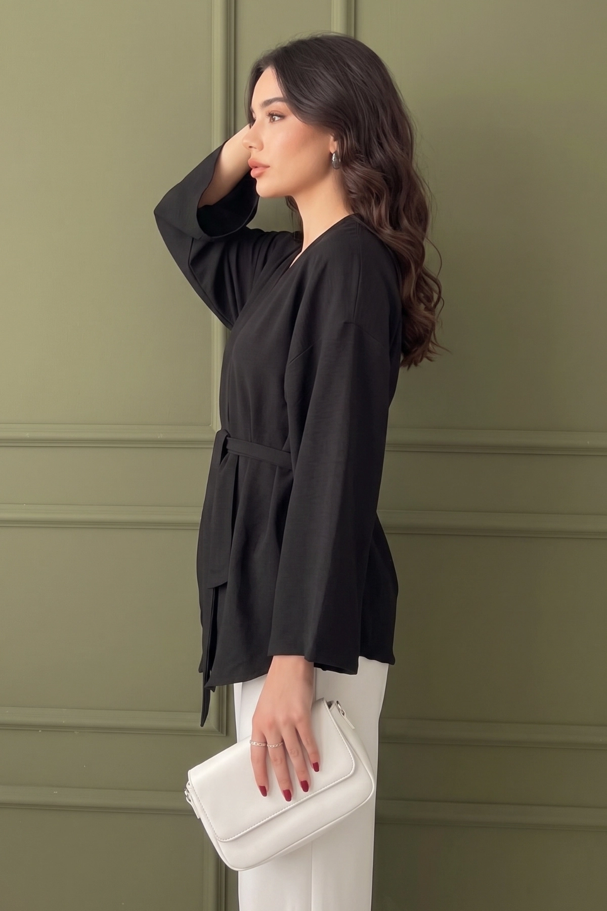 Koyu Siyah Kadın Kuşaklı Kimono 1177