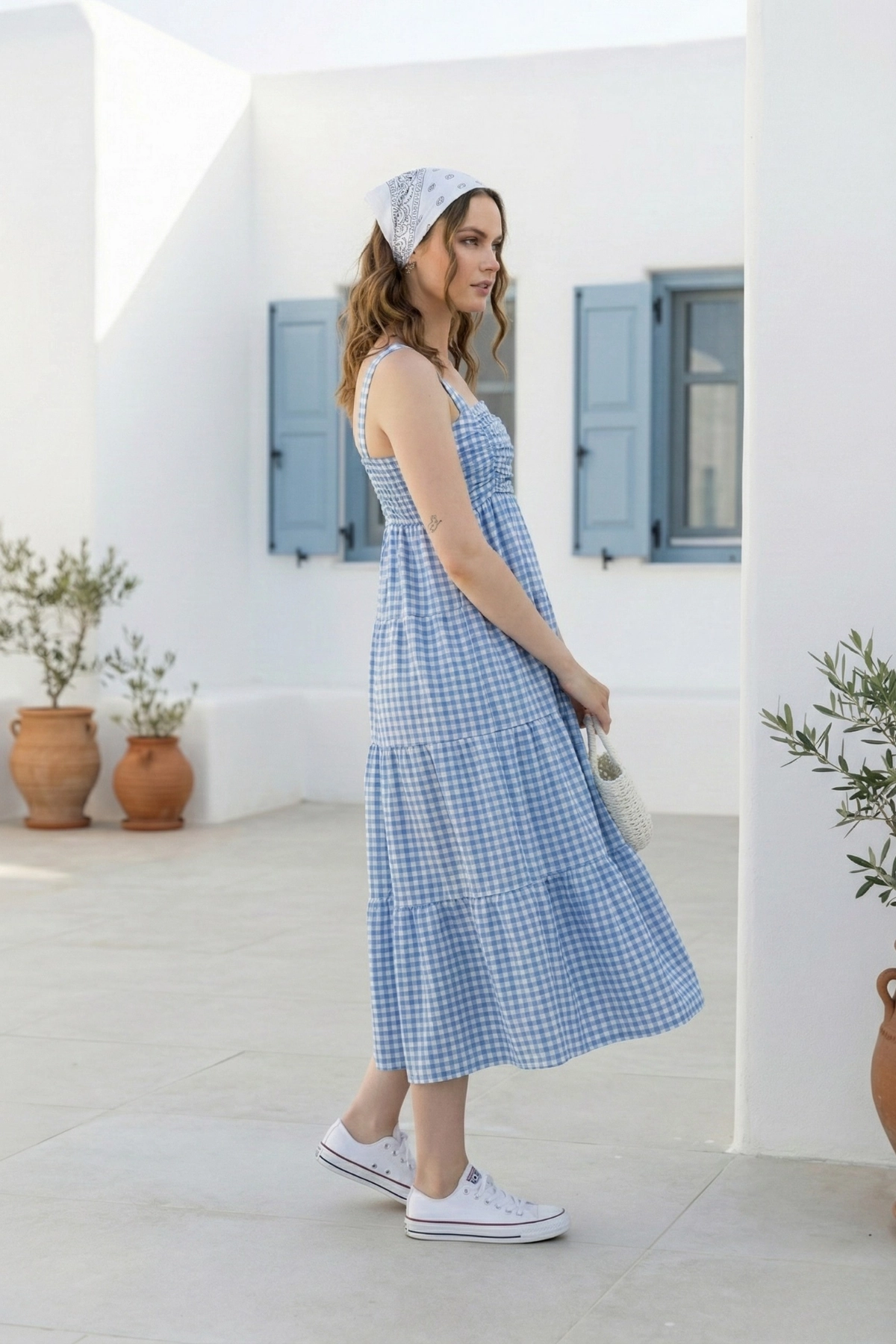 Askılı Pötikare Desenli Yazlık Midi Boy Kadın Elbise 1300