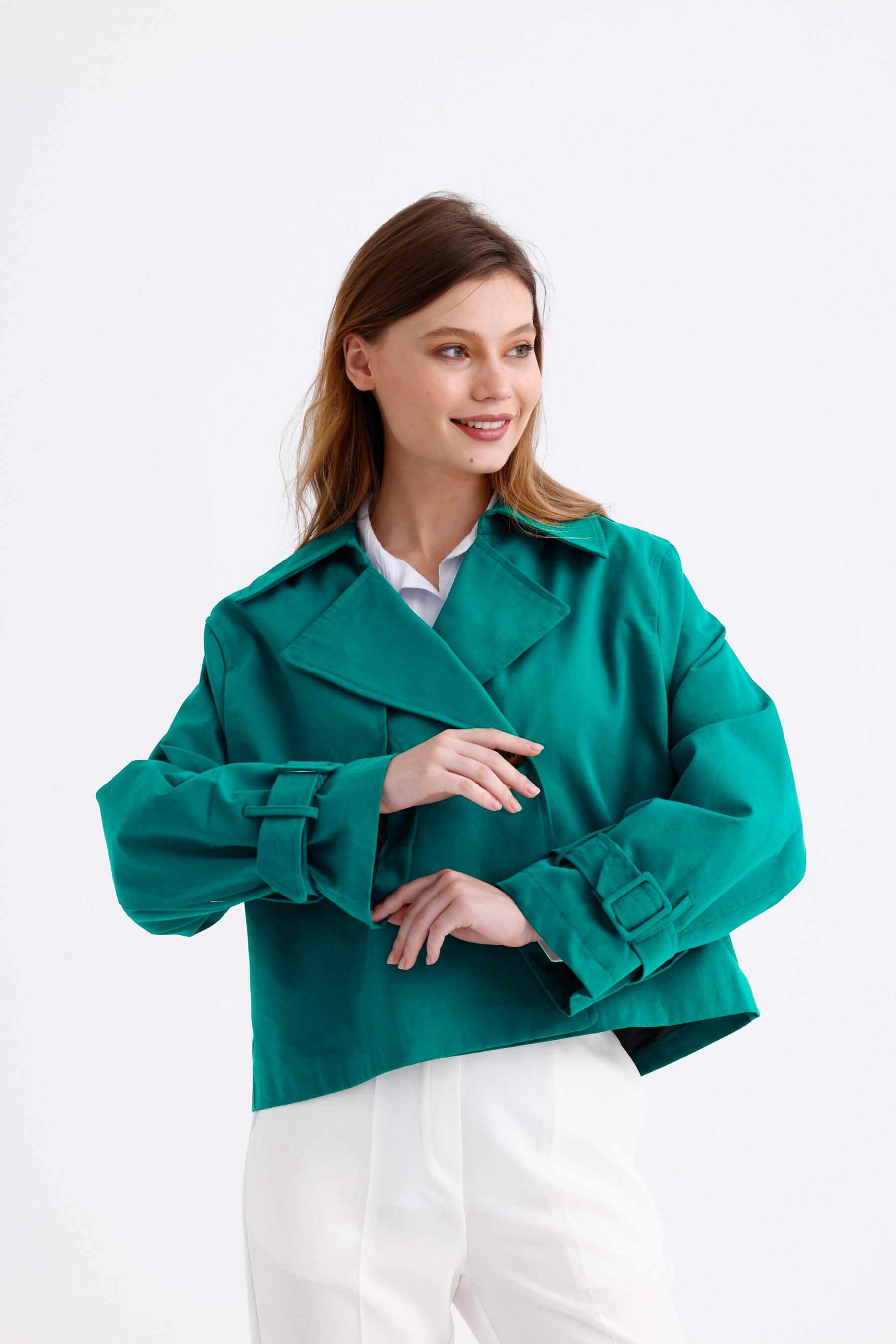 %100 Pamuk Gabardin Astarlı Oversize Geniş Kalıp Kadın Crop Kısa Trençkot 1122