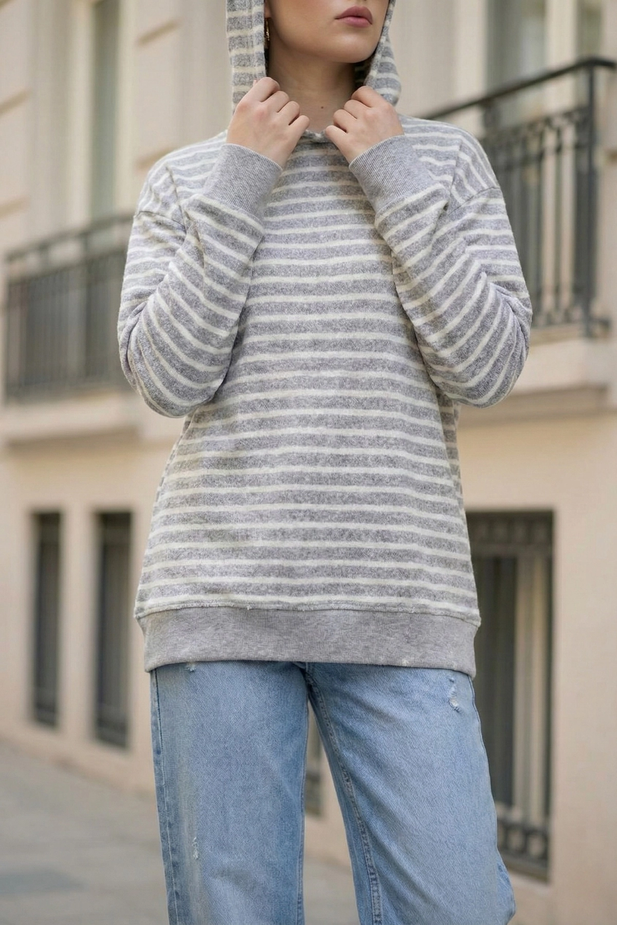 Pastelastore Çizgili Triko Oversize Sweatshirt