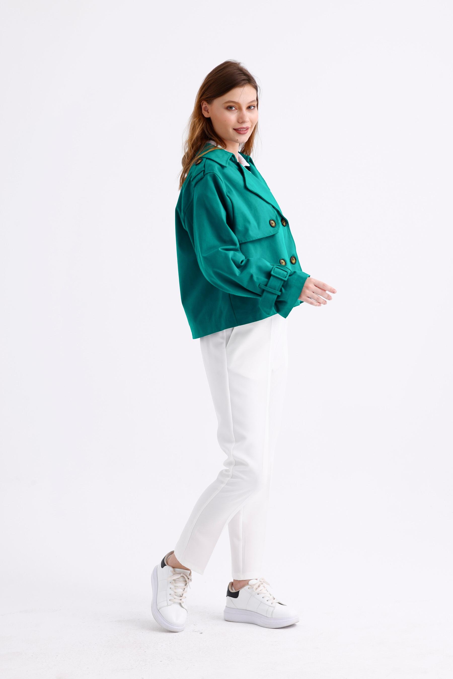 %100 Pamuk Gabardin Astarlı Oversize Geniş Kalıp Kadın Crop Kısa Trençkot 1122