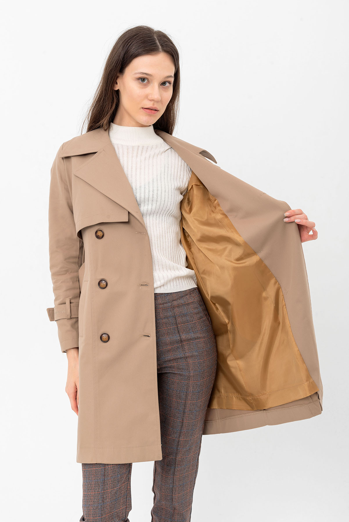 Pastelastore %100 Pamuk Gabardin Midi (95cm) Astarlı Kemerli Kadın Trençkot 1113