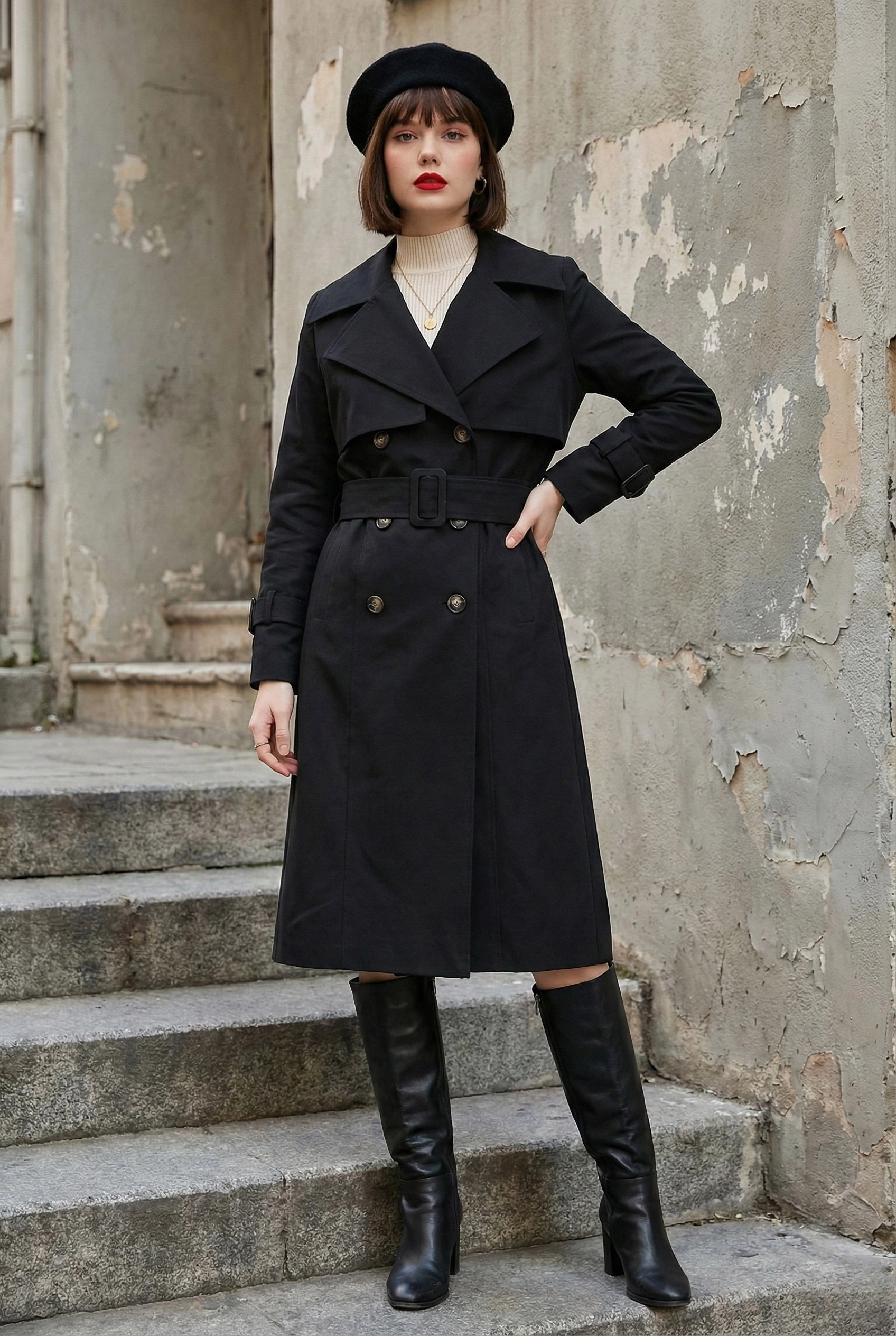  Pastelastore %100 Pamuk Gabardin Uzun (110cm) Astarlı Kemerli Kadın Trençkot 1111