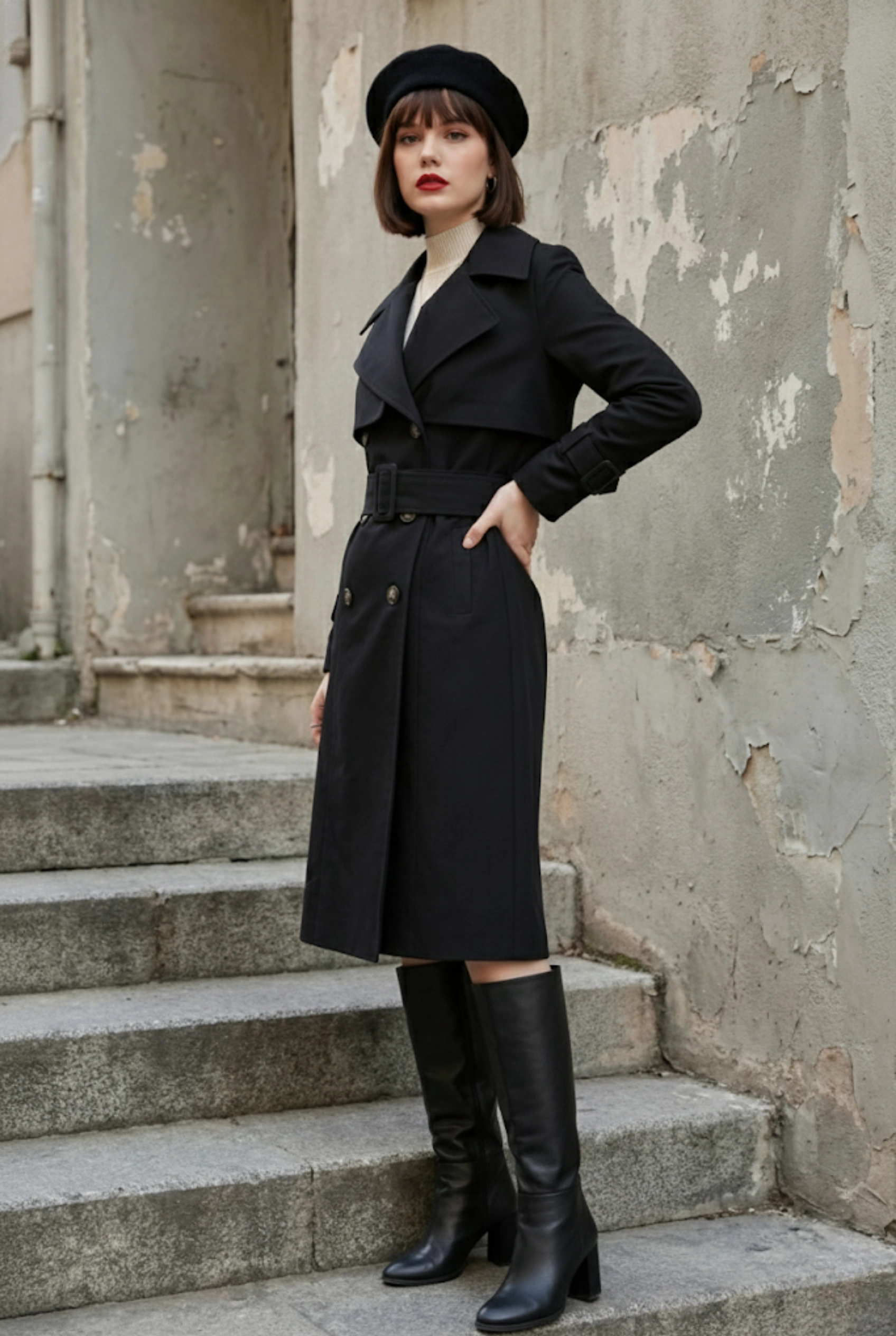  Pastelastore %100 Pamuk Gabardin Uzun (110cm) Astarlı Kemerli Kadın Trençkot 1111