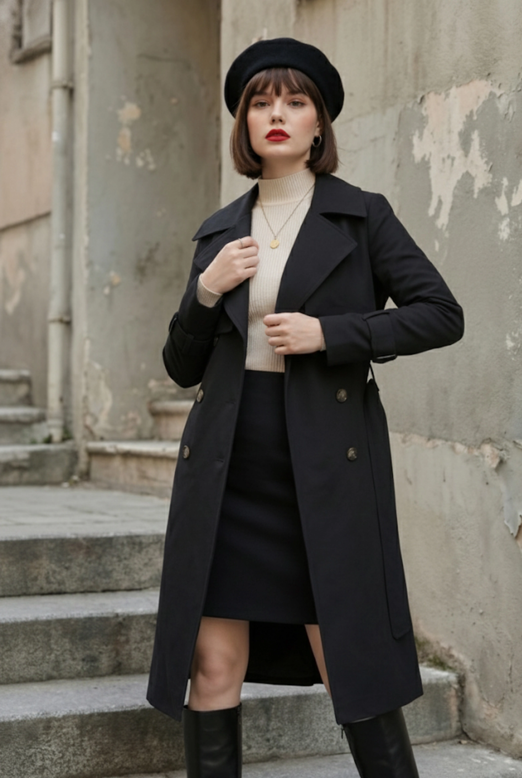  Pastelastore %100 Pamuk Gabardin Uzun (110cm) Astarlı Kemerli Kadın Trençkot 1111