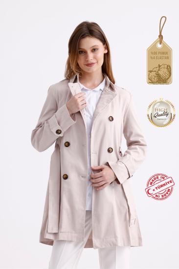 Pastelastore Esnek Pamuk Gabardin Kısa (80cm) Omuz Apoletli Kemerli Kadın Trençkot 1120