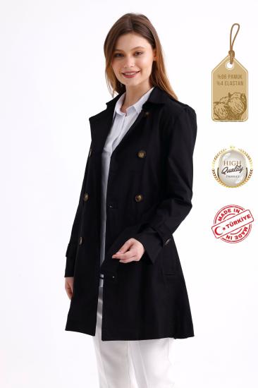 Pastelastore Esnek Pamuk Gabardin Kısa (80cm) Omuz Apoletli Kemerli Kadın Trençkot 1120