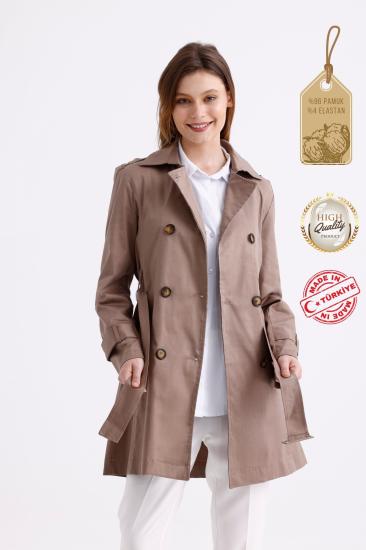Pastelastore Esnek Pamuk Gabardin Kısa (80cm) Omuz Apoletli Kemerli Kadın Trençkot 1120