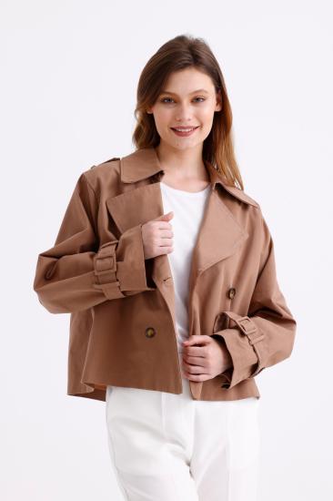%100 Pamuk Oversize Kadın Crop Kısa Trençkot 1122