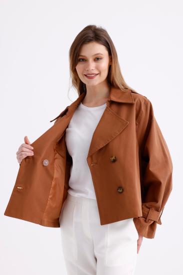 %100 Pamuk Oversize Kadın Crop Kısa Trençkot 1122