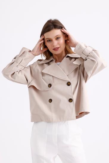 %100 Pamuk Oversize Kadın Crop Kısa Trençkot 1122