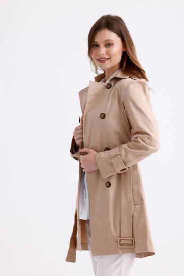 Pastelastore Esnek Pamuk Gabardin Kısa (80cm) Omuz Apoletli Kemerli Kadın Trençkot 1120