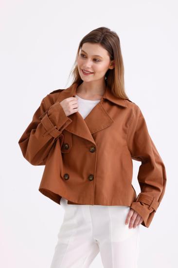 %100 Pamuk Oversize Kadın Crop Kısa Trençkot 1122