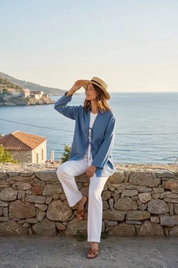 %100 Pamuk Keten Cepli Bağcıklı Kadın Kimono