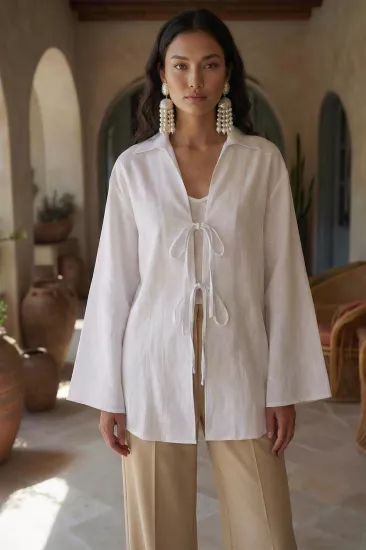 %100 Pamuk Keten Cepli Bağcıklı Kadın Kimono