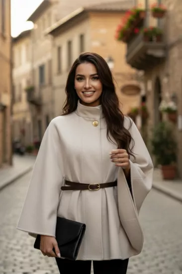 Gold Detaylı Kaşe Pelerin Panço