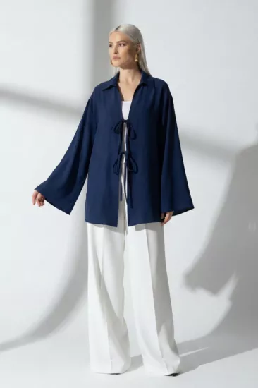 %100 Pamuk Keten Cepli Bağcıklı Kadın Kimono