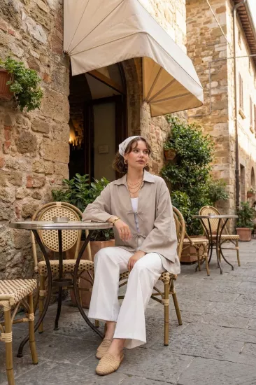 %100 Pamuk Keten Cepli Bağcıklı Kadın Kimono