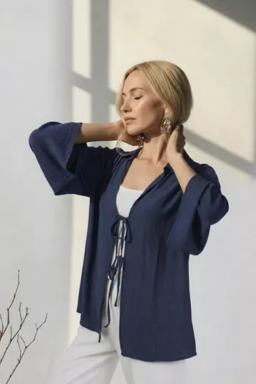 %100 Pamuk Keten Cepli Bağcıklı Kadın Kimono