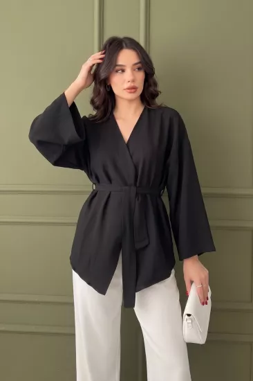 Koyu Siyah Kadın Kuşaklı Kimono