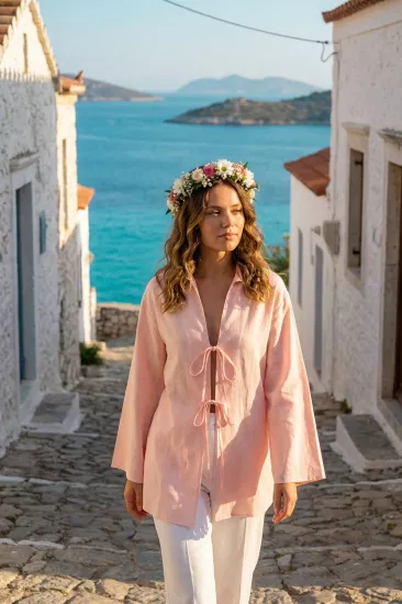 %100 Pamuk Keten Cepli Bağcıklı Kadın Kimono